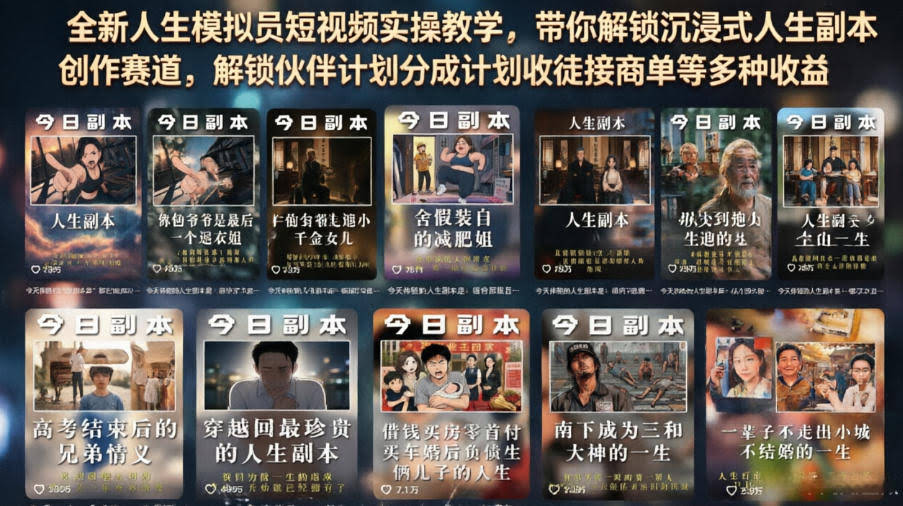 全新人生模拟员短视频实操教学,带你解锁沉浸式人生副本创作赛道,解锁伙伴计划分成计划收徒接商单等多种收益