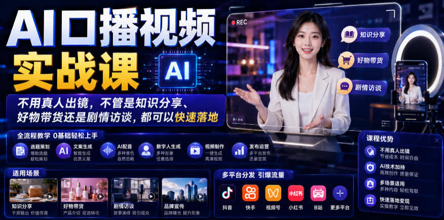 AI口播视频实战课,不用真人出镜,不管是知识分享、好物带货还是剧情访谈,都可以快速落地