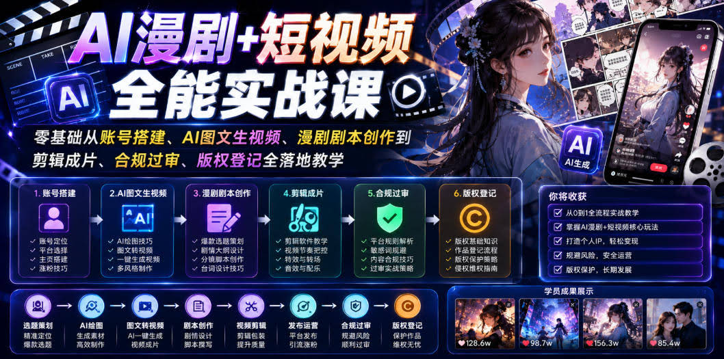 AI漫剧+短视频全能实战课|零基础从账号搭建、AI图文生视频、漫剧剧本创作到剪辑成片、合规过审、版权登记全落地教学