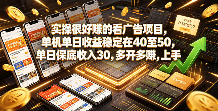 实操很好賺的看广告项目,单机单日收益稳定在40至50,单日保底收入30,多开多賺,上手就能变现【揭秘】