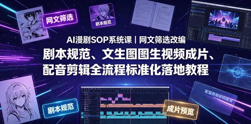AI漫剧SOP系统课|网文筛选改编、剧本规范、文生图图生视频成片、配音剪辑全流程标准化落地教程