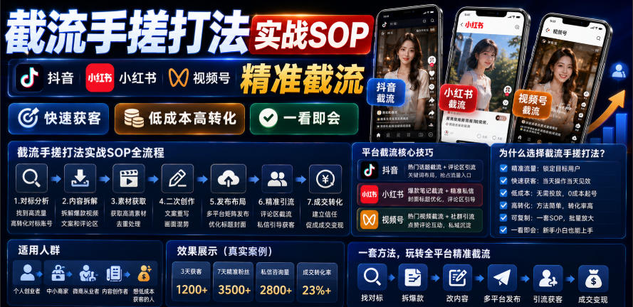 截流手搓打法实战SOP,抖音小红书视频号精准截流,快速获客,低成本高转化,一看即会