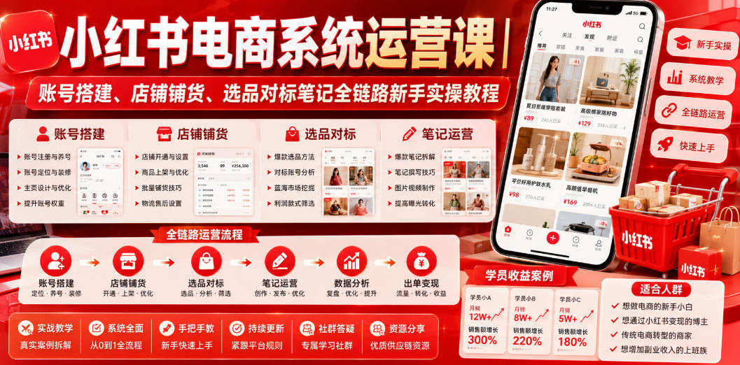 小红书电商系统运营课|账号搭建、店铺铺货、选品对标笔记全链路新手实操教程