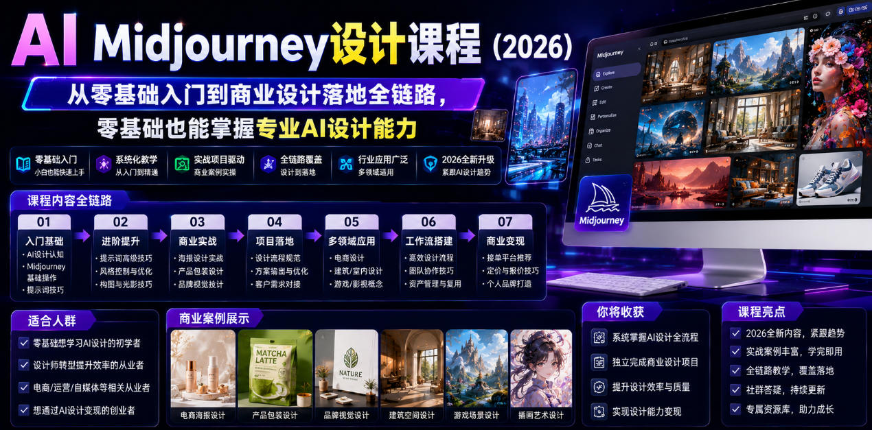 AI Midjourney设计课程(2026),从零基础入门到商业设计落地全链路,零基础也能掌握专业AI设计能力