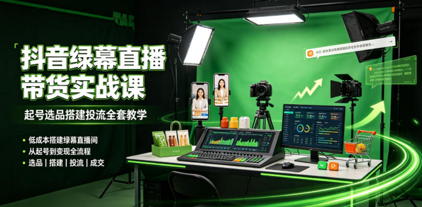 某社群抖音绿幕直播带货实战课,起号选品搭建投流全套教学,低成本搭建绿幕直播间