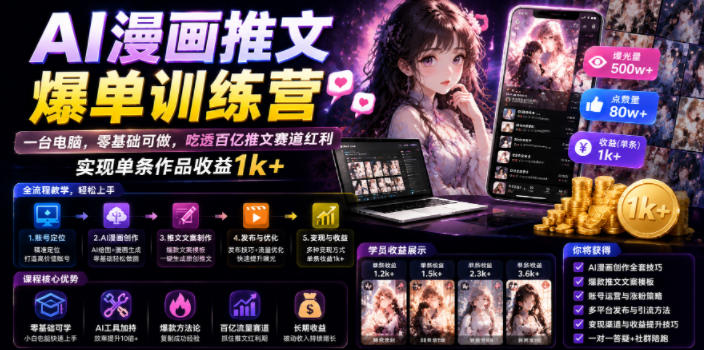 AI漫画推文爆单训练营,一台电脑,零基础可做,吃透百亿推文赛道红利,实现单条作品收益1k+(更新0705)