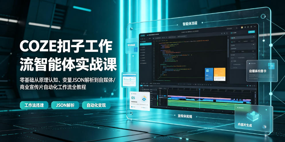 COZE扣子工作流智能体实战课|零基础从原理认知、变量JSON解析到自媒体/商业宣传片自动化工作流全教程