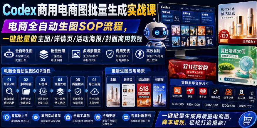 Codex商用电商图批量生成实战课|电商全自动生图SOP流程,一键批量做主图/详情页/活动海报/封面商用教程