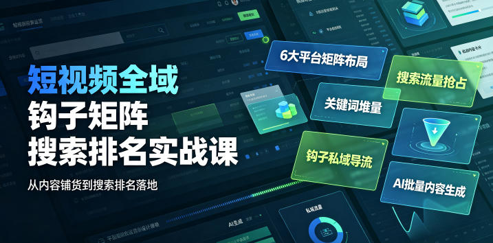 短视频全域钩子矩阵搜索排名实战课|6大平台矩阵布局、关键词堆量抢占搜索流量、钩子私域导流、AI批量内容生成