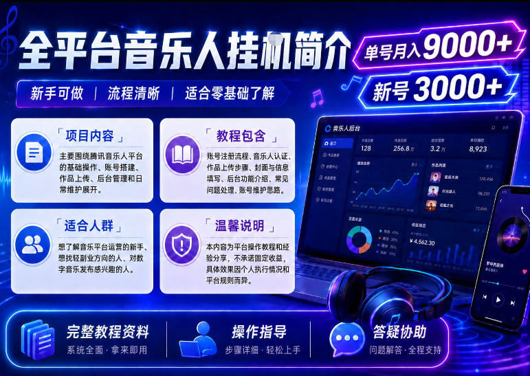 全平台音乐类挂G,单机单号月入9000+,可矩阵,可工作室放大操作【揭秘】