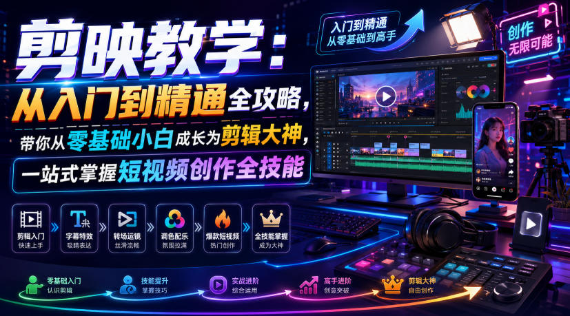 剪映教学:从入门到精通全攻略,带你从零基础小白成长为剪辑大神,一站式掌握短视频创作全技能
