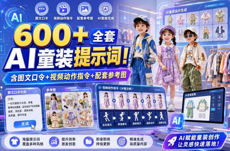 600+全套AI童装提示词!含图文口令+视频动作指令+配套参考图,Word-Excel规整分类,童装电商、种草无脑量产内容!
