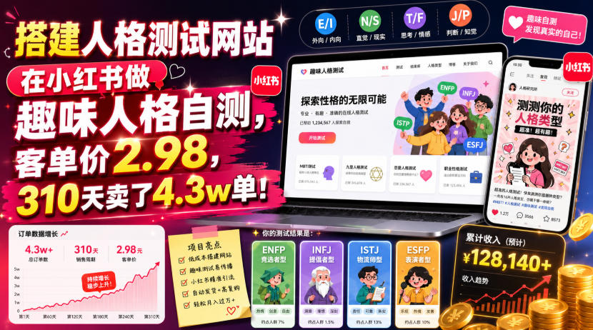 搭建人格测试网站在小红书做趣味人格自测,客单价2.98,310天卖了4.3w单!