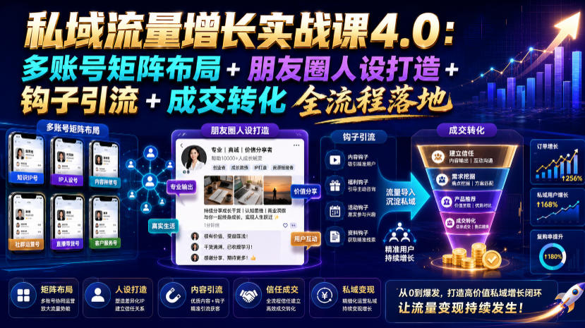 私域流量增长实战课4.0:多账号矩阵布局+朋友圈人设打造+钩子引流+成交转化全流程落地