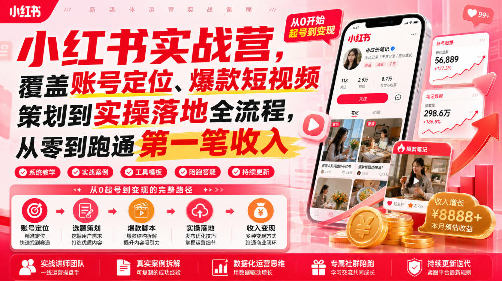 小红书实战营,覆盖账号定位、爆款短视频策划到实操落地全流程,从零到跑通第一笔收入