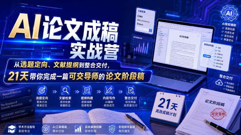 AI论文成稿实战营,从选题定向、文献提纲到整合交付,21天带你完成一篇可交导师的论文阶段稿