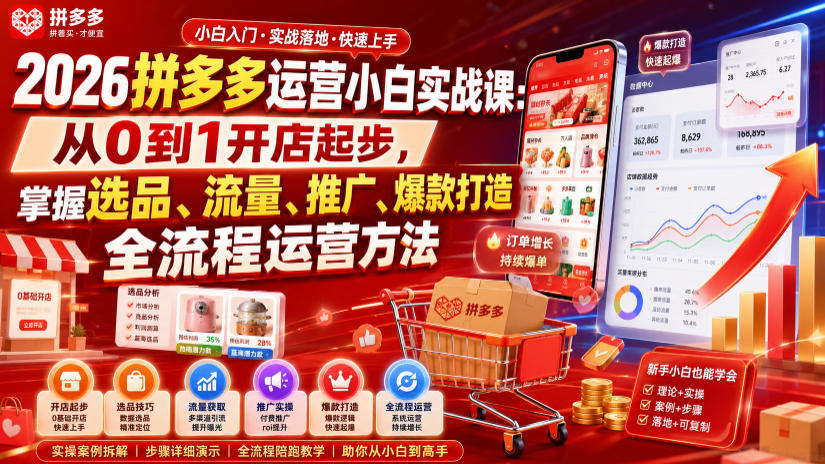 2026拼多多运营小白实战课:从0到1开店起步,掌握选品、流量、推广、爆款打造全流程运营方法