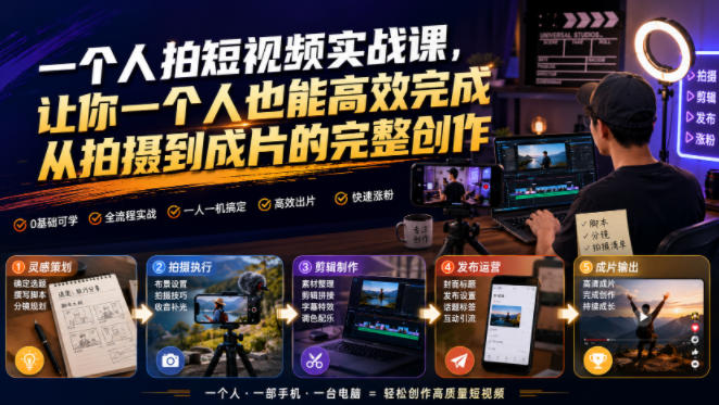 一个人拍短视频实战课,让你一个人也能高效完成从拍摄到成片的完整创作