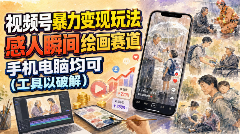 视频号暴力变现玩法,感人瞬间绘画赛道,手机电脑均可