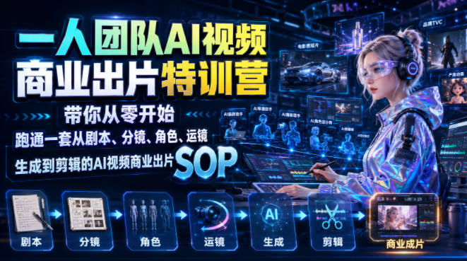 一人团队AI视频商业出片实战课:带你从零开始跑通一套从剧本、分镜、角色、运镜、生成到剪辑的AI视频商业出片SOP