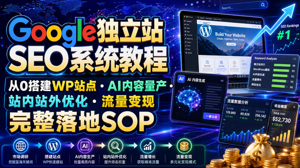 Google独立站SEO系统教程,从0搭建WP站点・AI内容量产・站内站外优化・流量变现完整落地SOP(2026年7月)