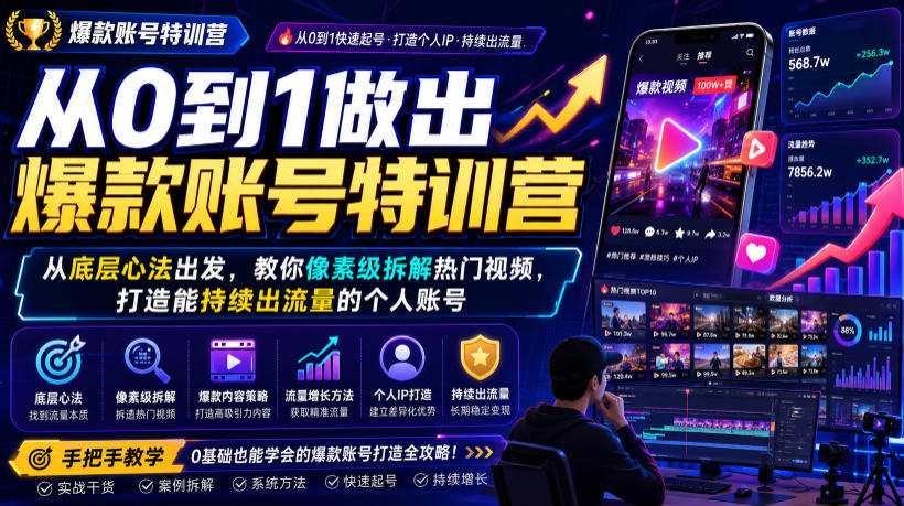 从0到1做出爆款账号特训营,从底层心法出发,教你像素级拆解热门视频,打造能持续出流量的个人账号