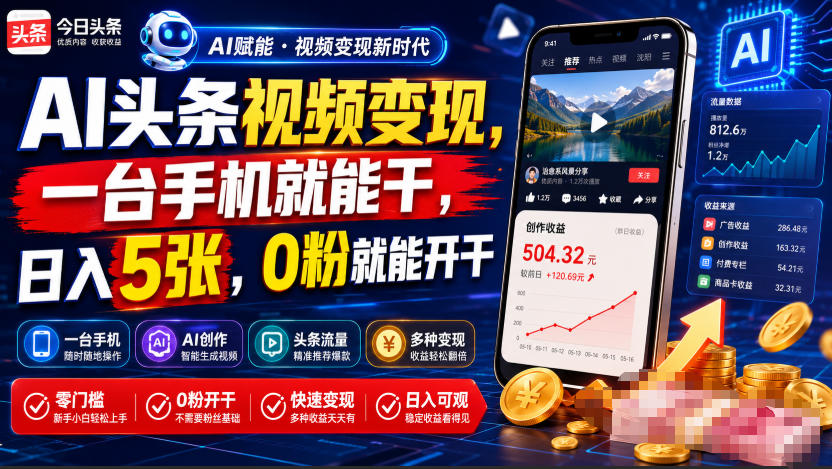 AI头条视频变现,一台手机就能干,日入5张,0粉就能开干