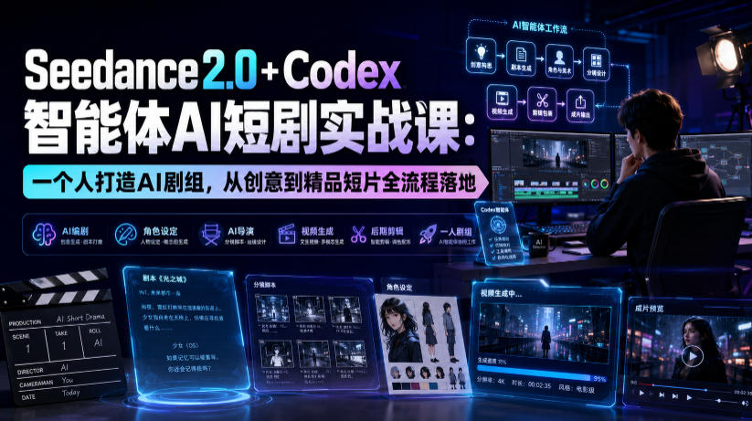 Seedance2.0+Codex智能体AI短剧实战课:一个人打造AI剧组,从创意到精品短片全流程