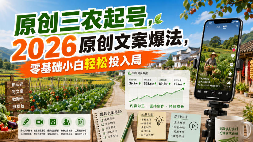 原创三农起号,2026原创文案爆法,零基础小白轻松投入局