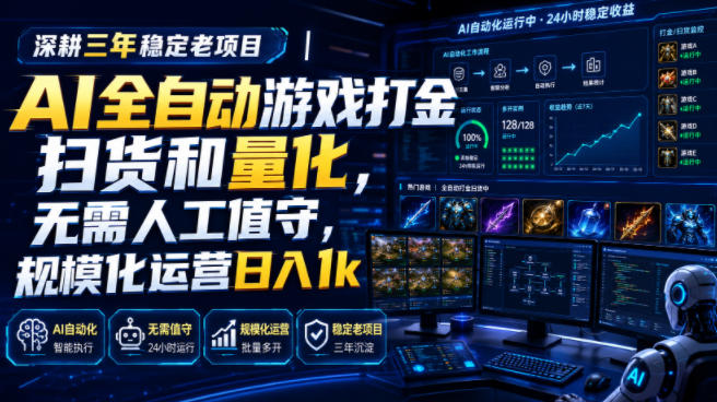 深耕三年稳定老项目|AI全自动游戏打金扫货和量化,无需人工值守,规模化运营日入1k【揭秘】