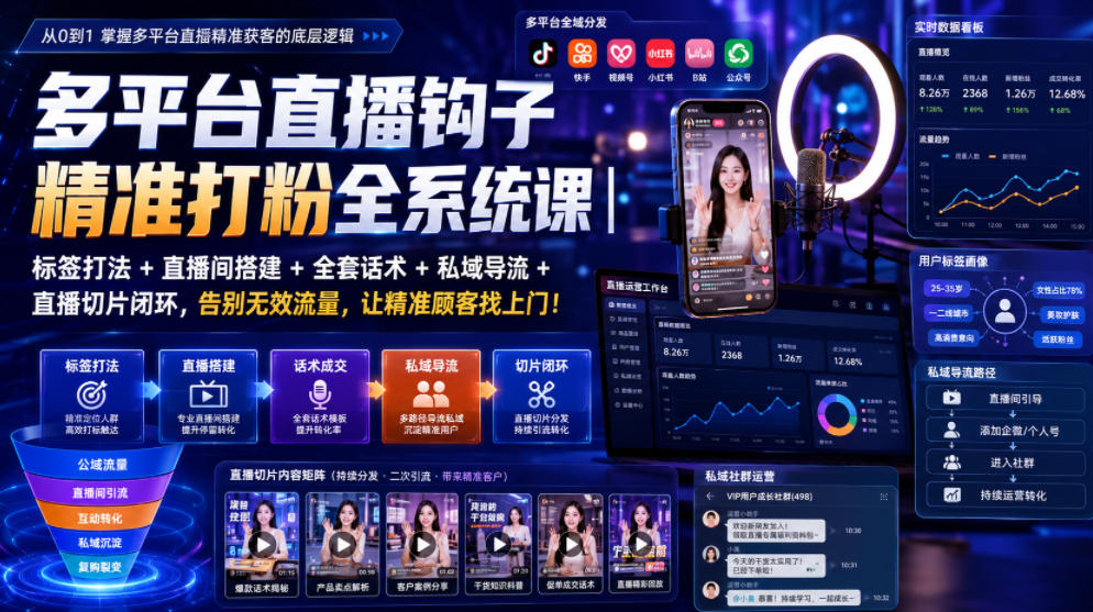 多平台直播钩子精准打粉全系统课|标签打法+直播间搭建+全套话术+私域导流+直播切片闭环,告别无效流量,让精准顾客找上门!