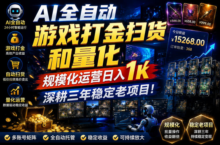 AI全自动游戏打金扫货和量化,规模化运营日入1k,深耕三年稳定老项目!【揭秘】