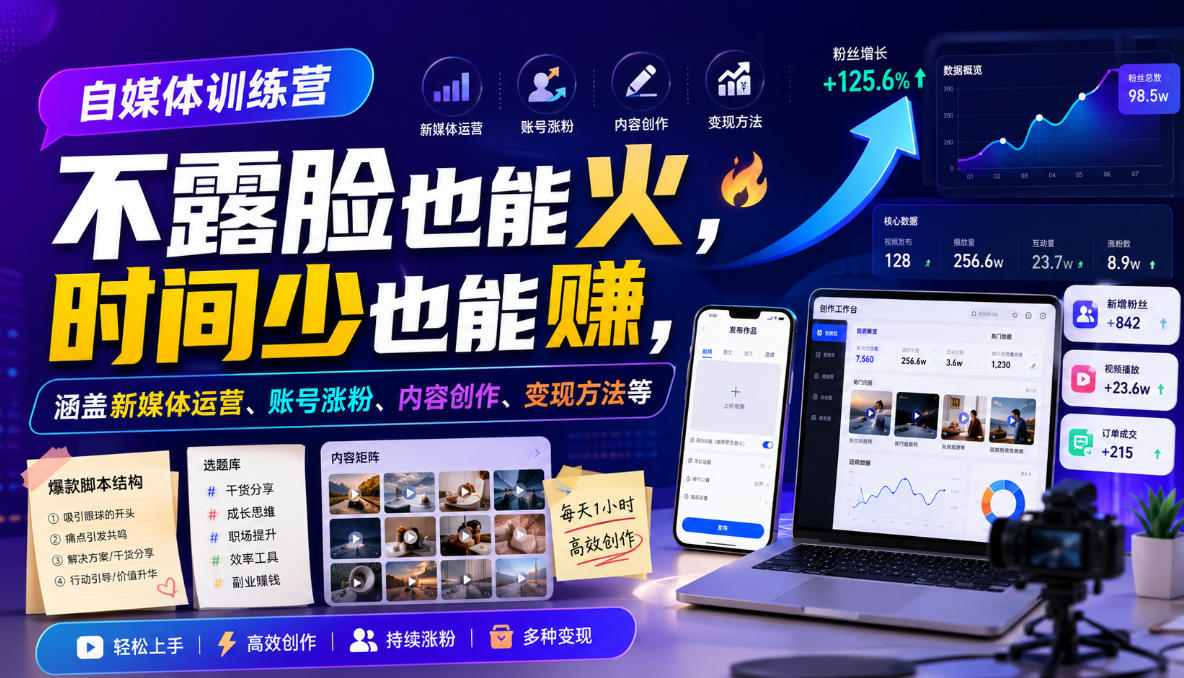 自媒体训练营,不露脸也能火,时间少也能賺,涵盖新媒体运营、账号涨粉、内容创作、变现方法等