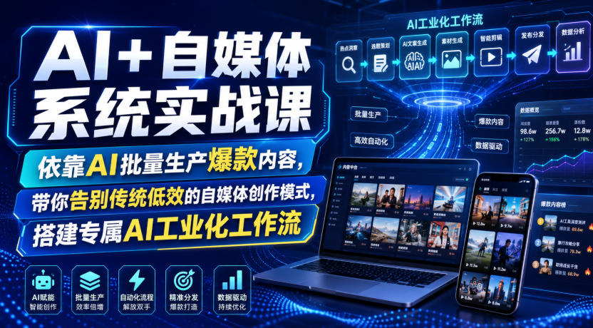 AI+自媒体系统实战课,依靠AI批量生产爆款内容,带你告别传统低效的自媒体创作模式,搭建专属AI工业化工作流