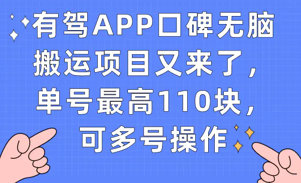 有驾APP口碑无脑搬运项目又来了，单号最高110块，可多号操作