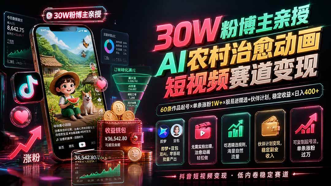 （19648期）30W粉博主亲授AI农村治愈动画短视频赛道变现：60条作品起号×单条涨粉1W+×极易进精选+伙伴计划，稳定收益×日入400+-航海圈