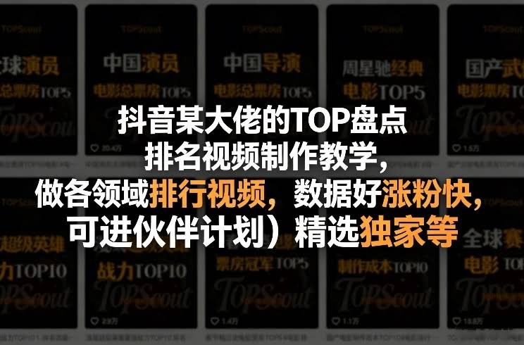 抖音某大佬的TOP盘点排名视频制作，做各领域排行视频，数据好涨粉快，可进伙伴计划＋精选独家等-航海圈