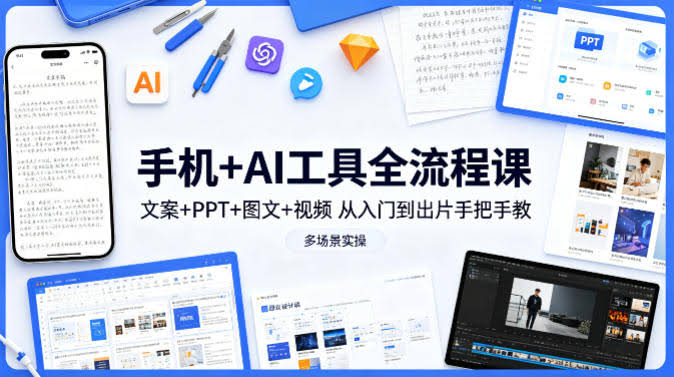 手机+AI工具全流程课,文案+PPT+图文+视频,从入门到出片手把手教,多场景实操(更新)-航海圈