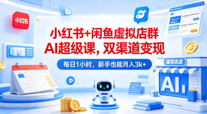 小红书+闲鱼虚拟店群AI超级课，双渠道变现，每日1小时，新手也能月入3k+-航海圈