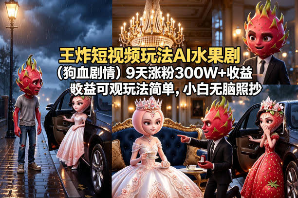 王炸短视频玩法AI水果剧（狗血剧情）9天涨粉300W+收益可观玩法简单，小白无脑照抄，详细拆解玩法-航海圈