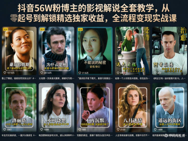 抖音56W粉博主的影视解说全套教学，从零起号到解锁精选独家收益，全流程变现实战课-航海圈