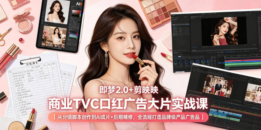即梦2.0+剪映商业TVC口红广告大片实战课｜从分镜脚本创作到AI成片+后期精修，全流程打造品牌级产品广告-航海圈