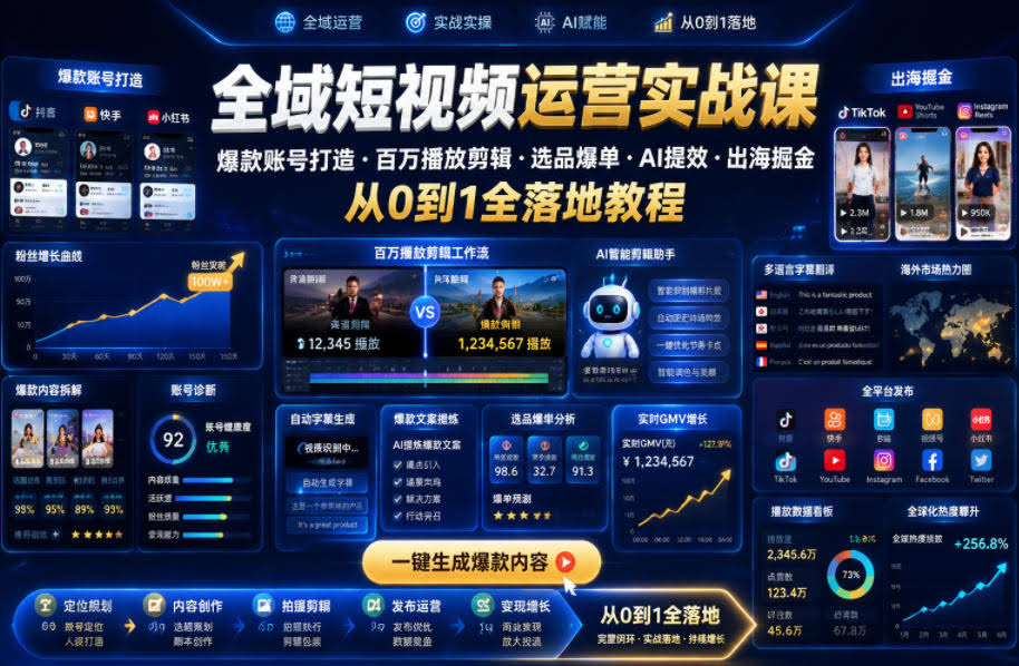 全域短视频运营实战课，爆款账号打造・百万播放剪辑・选品爆单・AI提效・出海掘金，从0到1全落地教程-航海圈