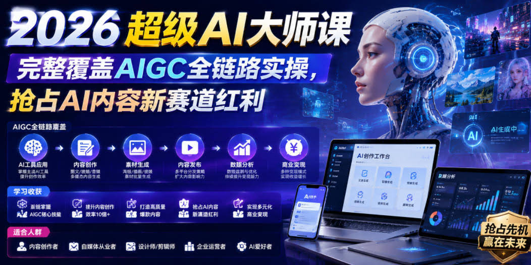 2026超级AI大师课，完整覆盖AIGC全链路实操，抢占AI内容新赛道红利-航海圈