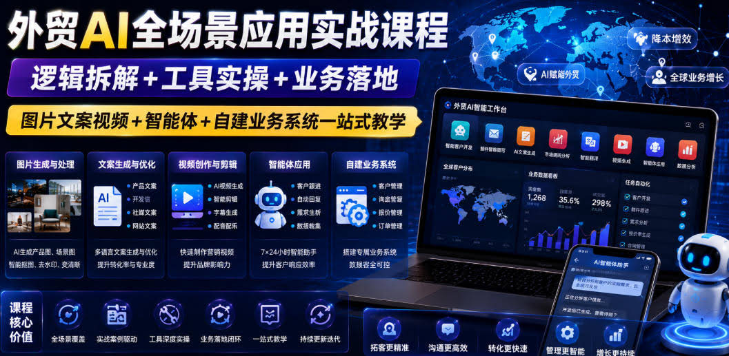 外贸AI全场景应用实战课程｜逻辑拆解+工具实操+业务落地，图片文案视频+智能体+自建业务系统一站式教学-航海圈