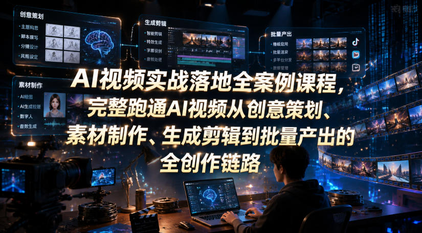 AI视频实战落地全案例课程，完整跑通AI视频从创意策划、素材制作、生成剪辑到批量产出的全创作链路-航海圈