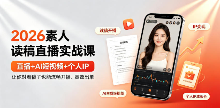 2026素人读稿直播实战课｜直播+AI短视频+个人IP，让你对着稿子也能流畅开播、高效出单-航海圈