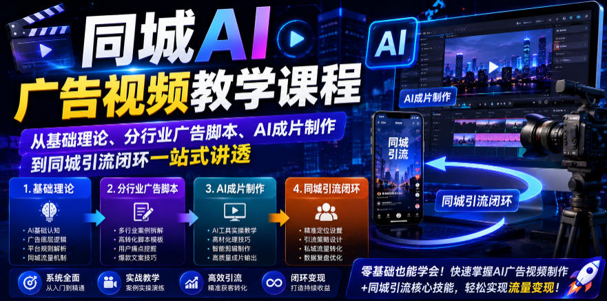同城AI广告视频教学课程，从基础理论、分行业广告脚本、AI成片制作到同城引流闭环一站式讲透-航海圈