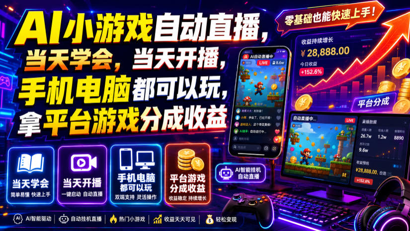 AI小游戏自动直播，当天学会，当天开播，手机电脑都可以玩，拿平台游戏分成收益-航海圈