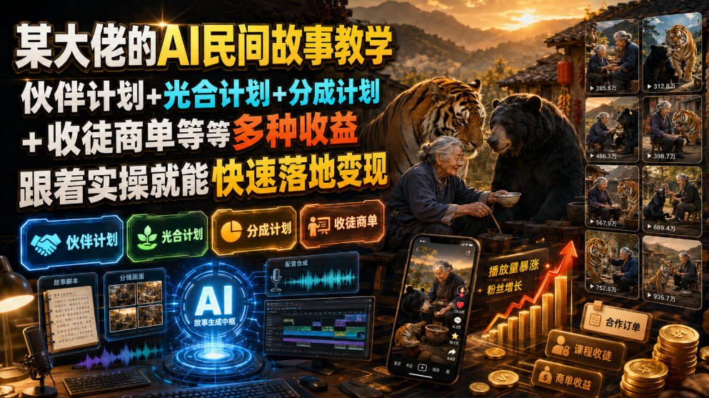 某大佬的AI民间故事教学，伙伴计划+光合计划+分成计划+收徒商单等多种收益，跟着实操就能快速落地变现-航海圈